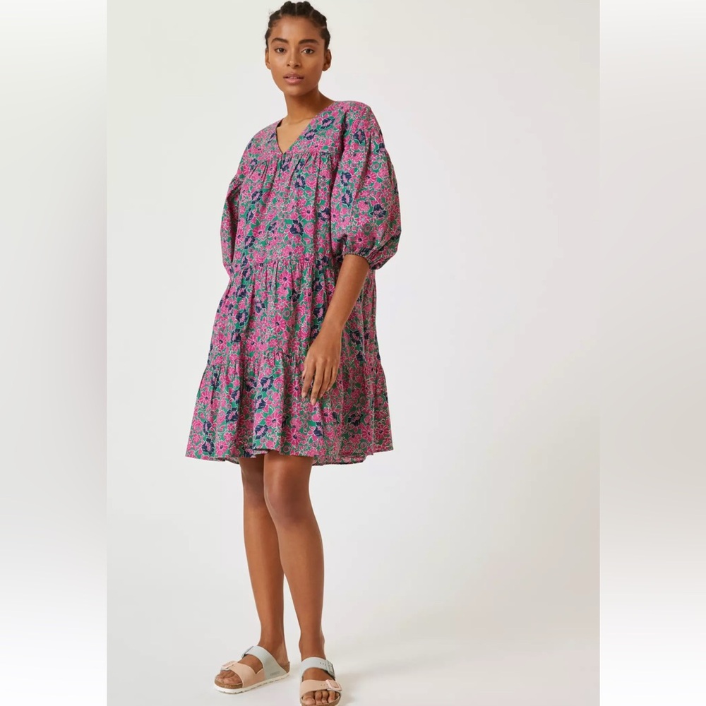 NEW Sundry Ditzy Floral Puff Sleeve Poplin Tiered Oversized Mini Dress Size XS